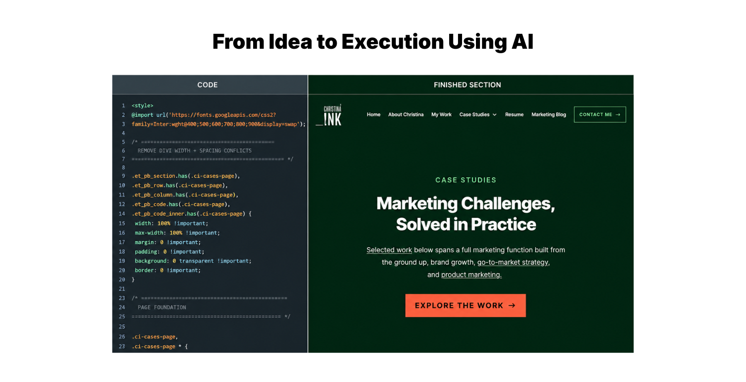 Custom Christina Ink website section alongside the code used to build it