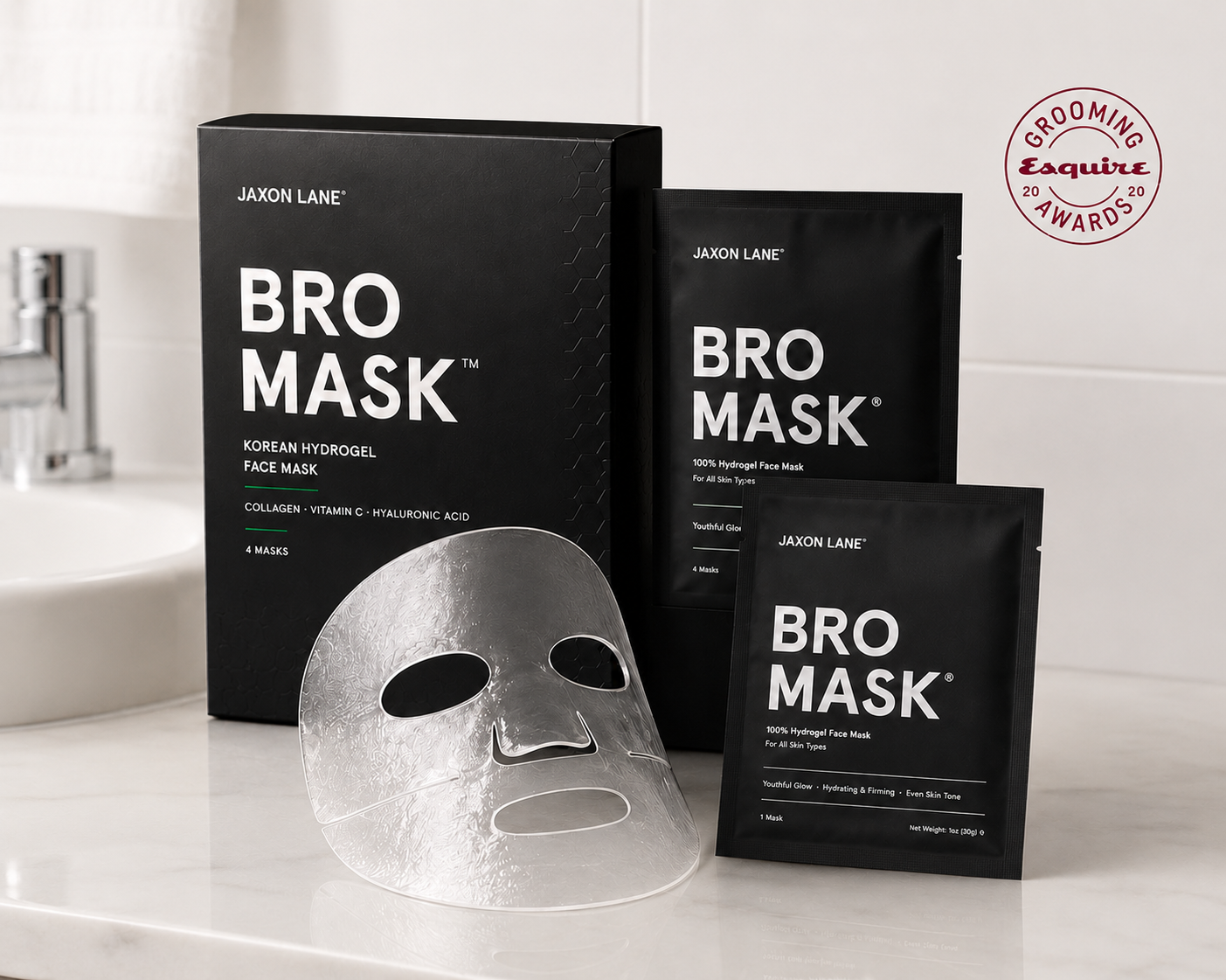 Jaxon Lane Bro Mask product packaging, hydrogel face mask and Esquire Grooming Award
