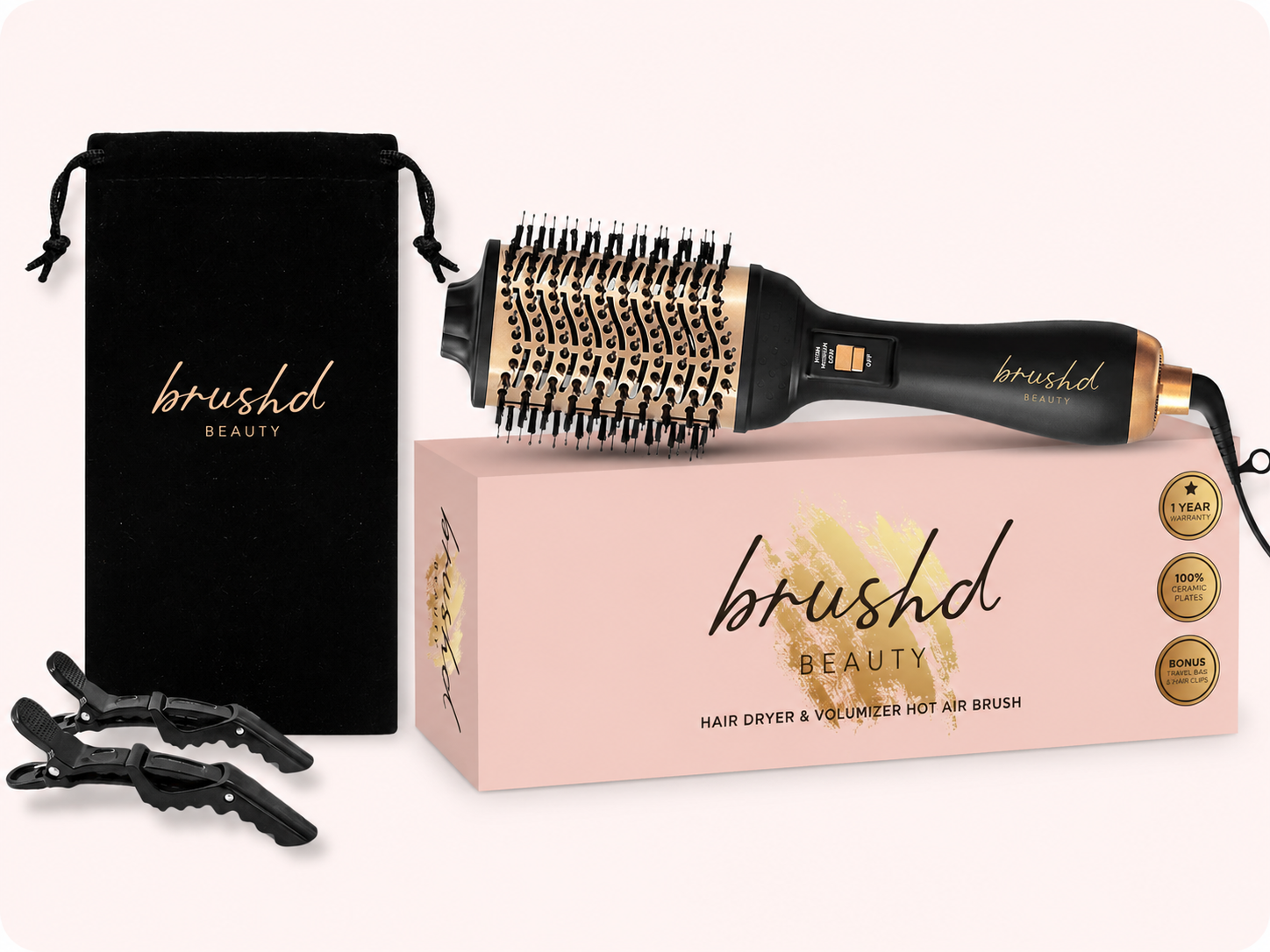 Brushd Beauty hot-air brush, branded packaging, travel bag and hair clips