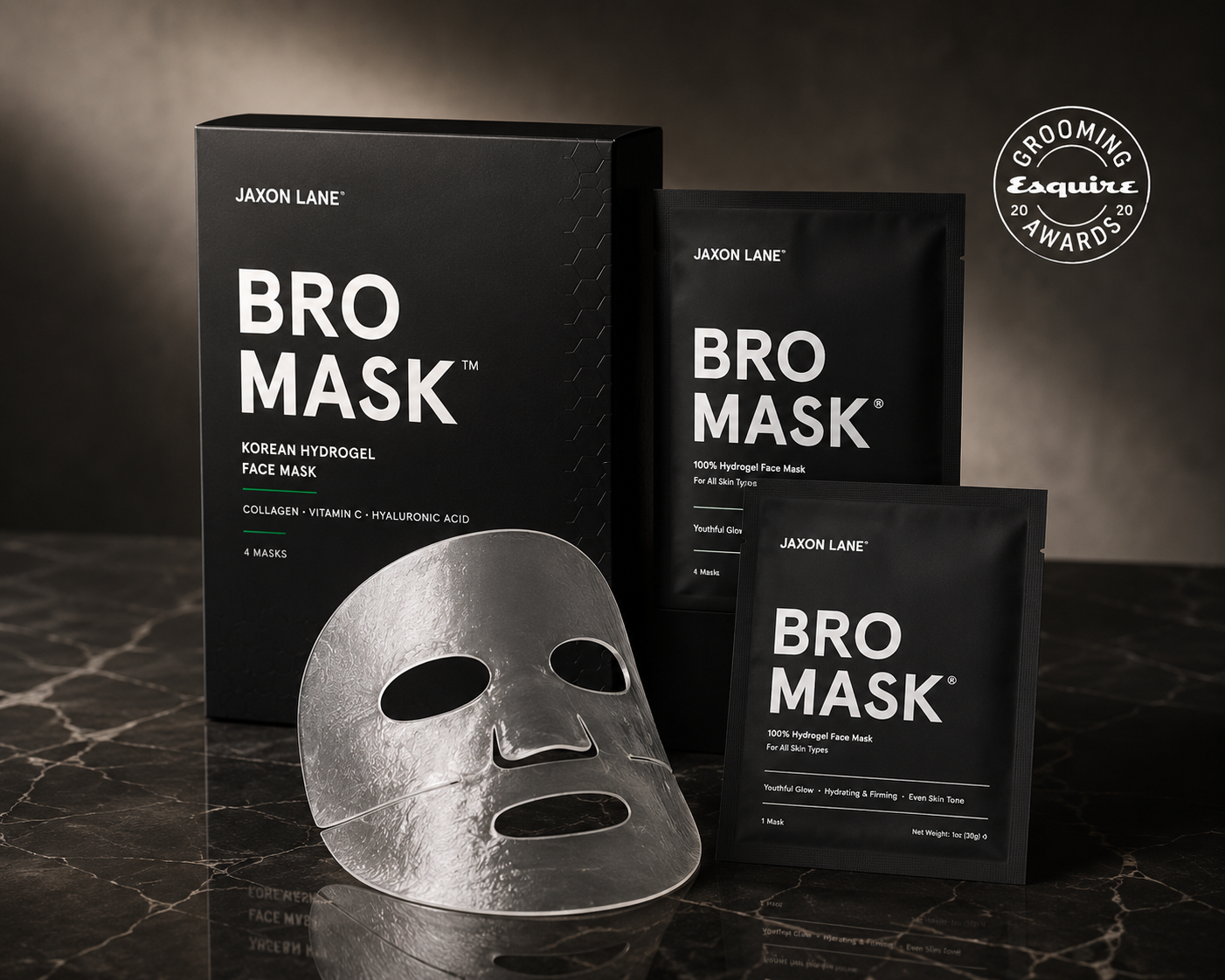 Jaxon Lane Bro Mask product packaging, hydrogel face mask and Esquire Grooming Award