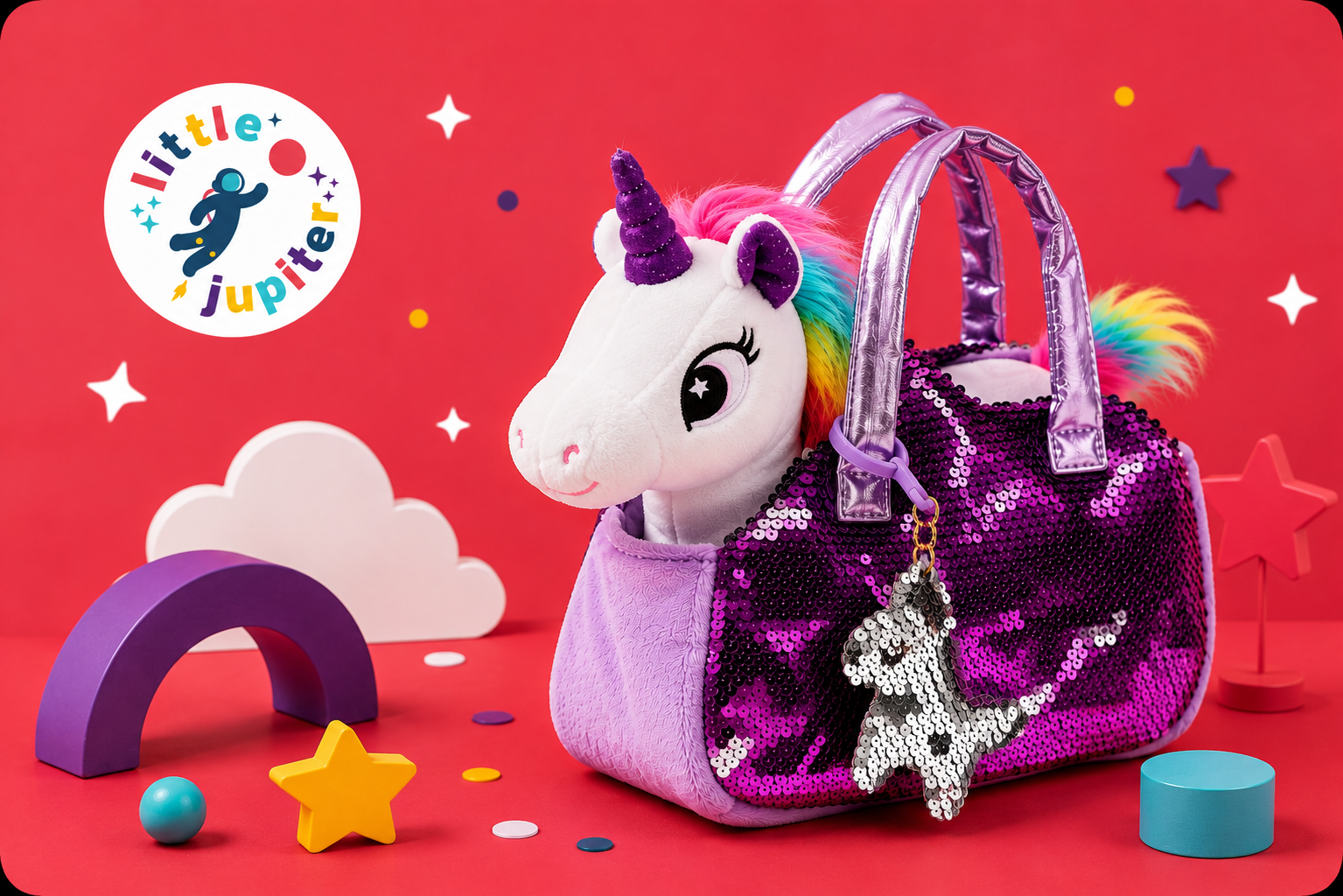 Little Jupiter unicorn handbag displayed in a colourful Amazon SEO case study hero image