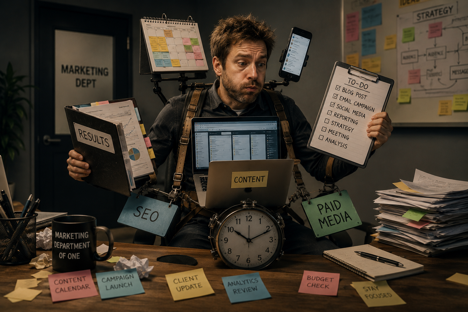 one person marketing department One-person marketing team using AI to manage content strategy, production, and marketing workflows.