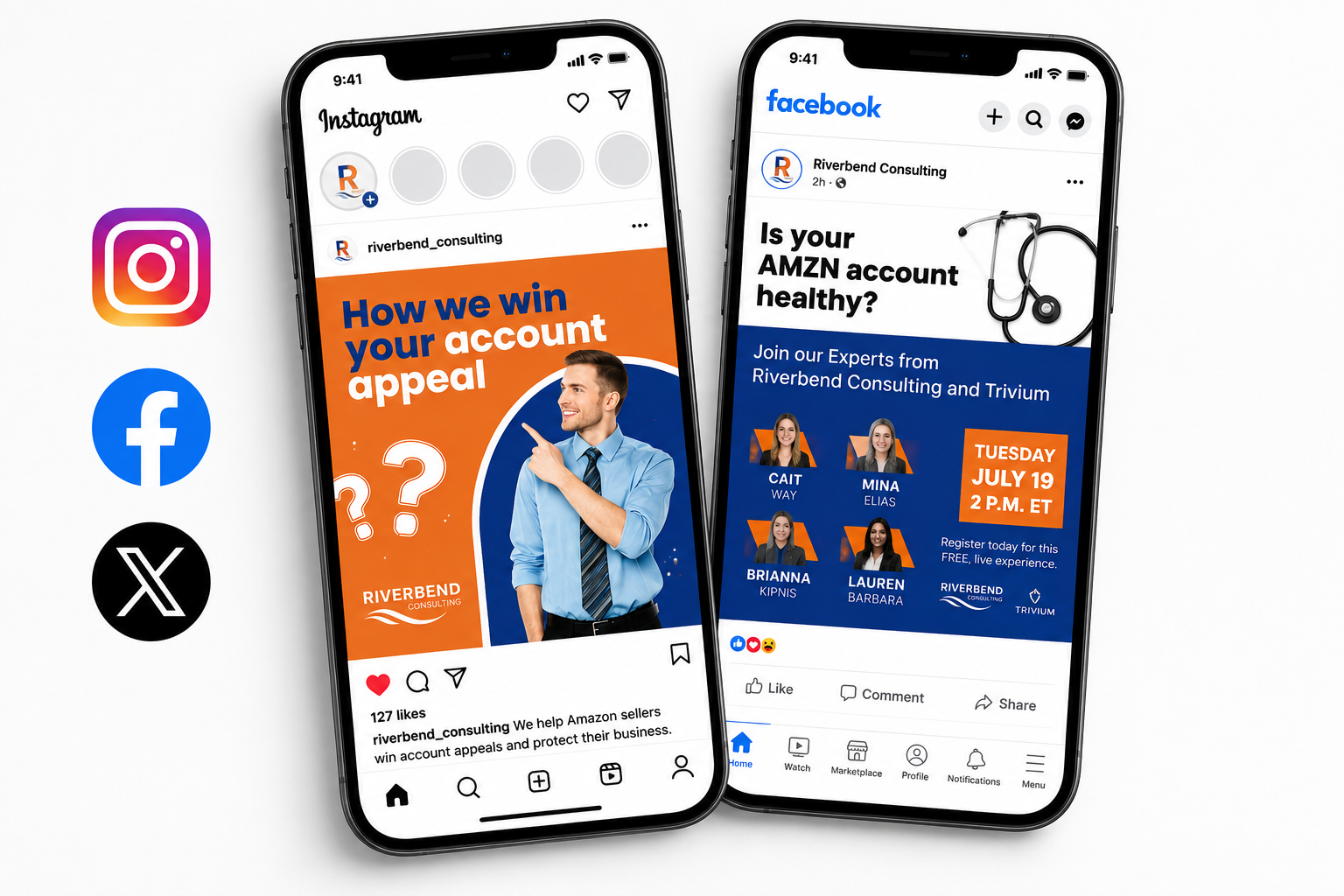 Riverbend Consulting Instagram, Facebook, and X social media content